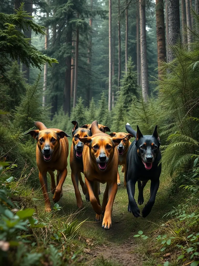 An image of a pack of trained hunting dogs eagerly tracking a scent through a dense forest, highlighting SCHM's specialized hunting dog training program.