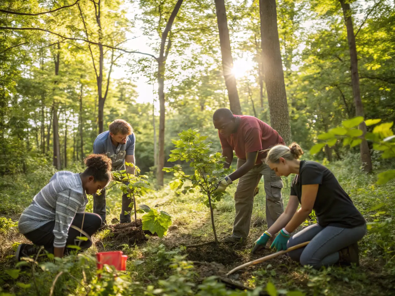 A picturesque landscape featuring a group of SCHM members participating in a conservation project, planting trees in a deforested area, symbolizing the club's commitment to environmental stewardship.