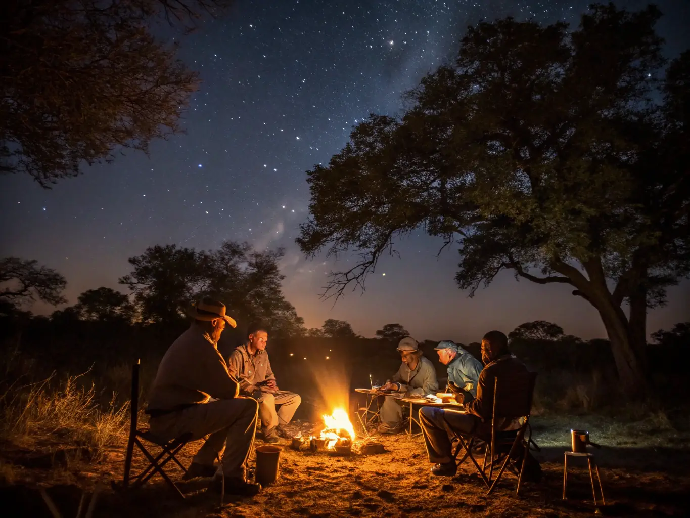 A photograph capturing the camaraderie of SCHM members gathered around a campfire after a successful hunting trip, sharing stories and laughter, highlighting the strong sense of community within the club.