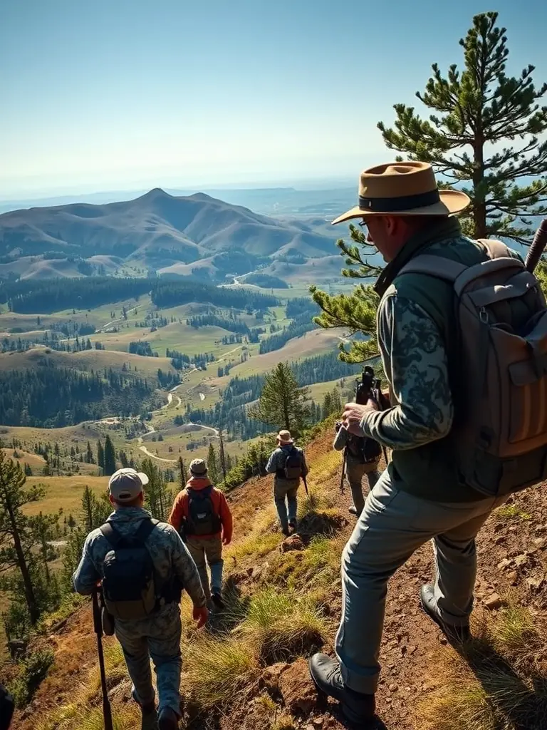 A scenic landscape photograph of a group of SCHM members participating in a pheasant hunting excursion in the French countryside, emphasizing the club's organized hunting trips.