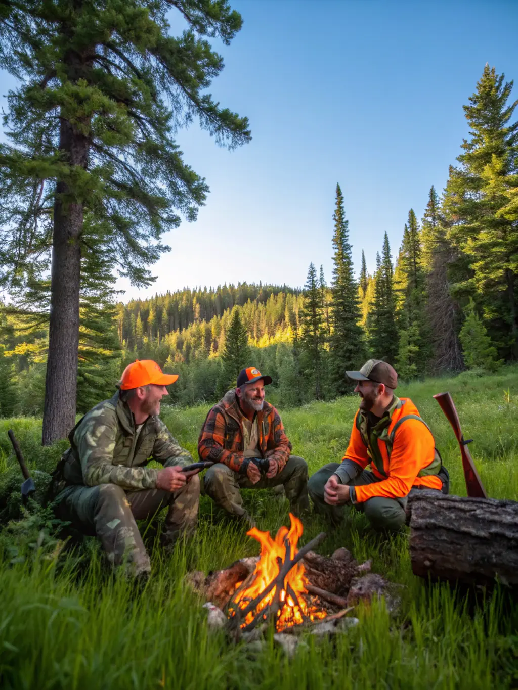 A photograph of a group of hunters in camouflage gear, standing proudly next to a deer they have hunted in a forest clearing, showcasing a successful guided deer hunt organized by SCHM.