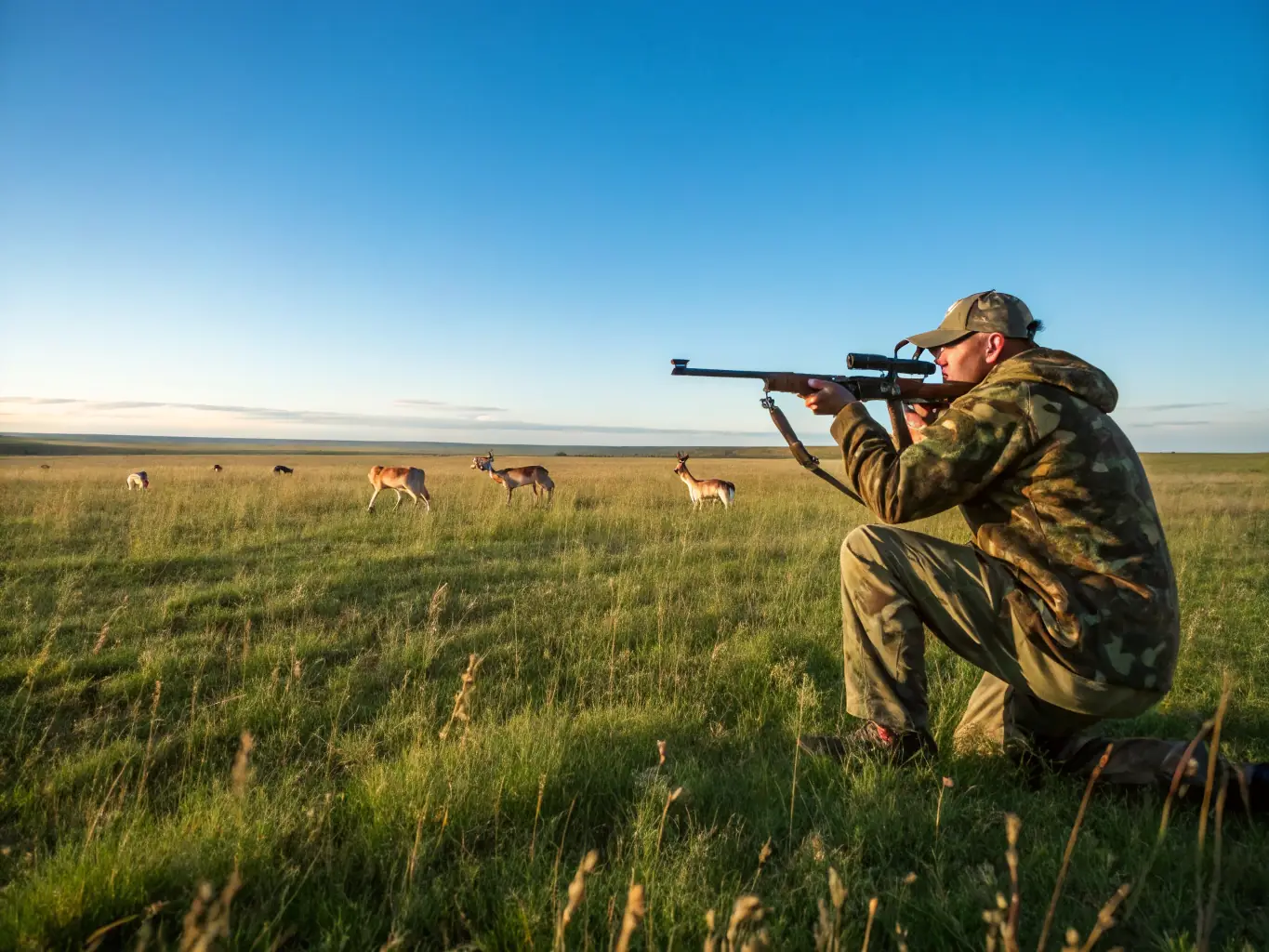 A hunter aiming a rifle in a controlled environment at a shooting range, participating in a training program offered by HENRI MACAIGNE HUNTING SOCIETY.